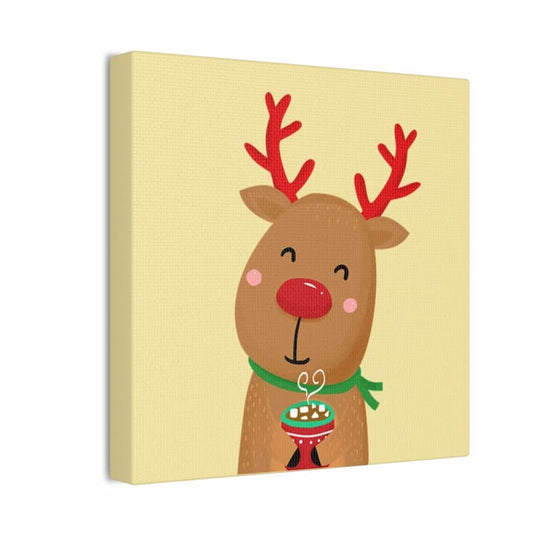 Canvas print of a cartoon reindeer holding a bowl of popcorn on a beige background