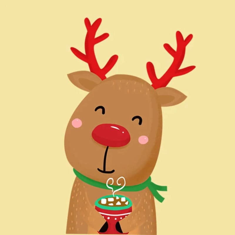 Cartoon reindeer with red antlers and a green scarf holding a mug of hot chocolate on a beige background.