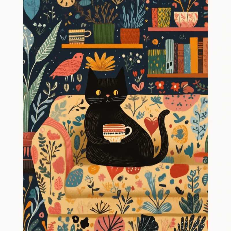 Cozy Whiskers Paint By Numbers Kit showing a black cat holding a tea cup on a sofa in a cozy abstract setting