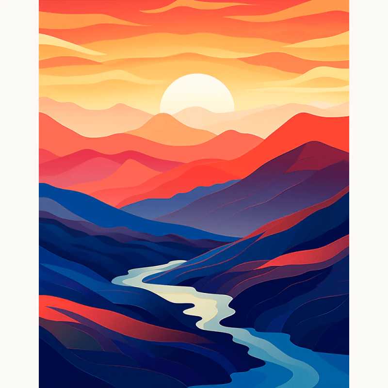 Crimson Serenity Paint By Numbers showcasing a vivid red and orange sunset over layered mountain ranges with a winding river, perfect for nature art lovers in Canada.
