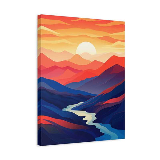 Crimson Serenity Paint By Numbers showcasing a vivid red and orange sunset over layered mountain ranges with a winding river, perfect for nature art lovers in Canada shown in a frame.