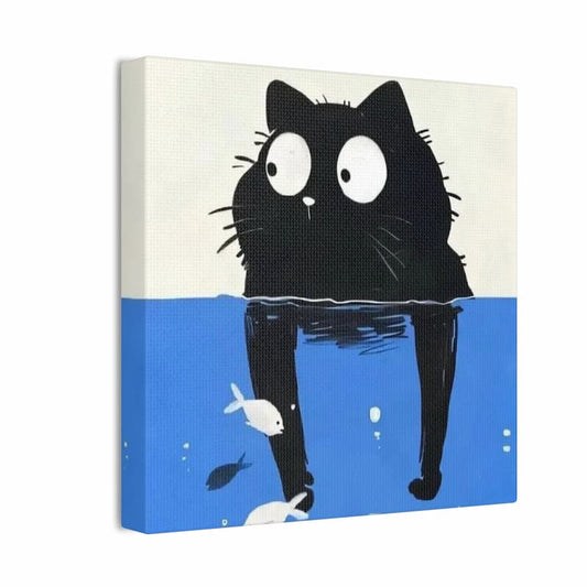 Curious black cat watching colorful fish underwater – kids paint by numbers canvas kit