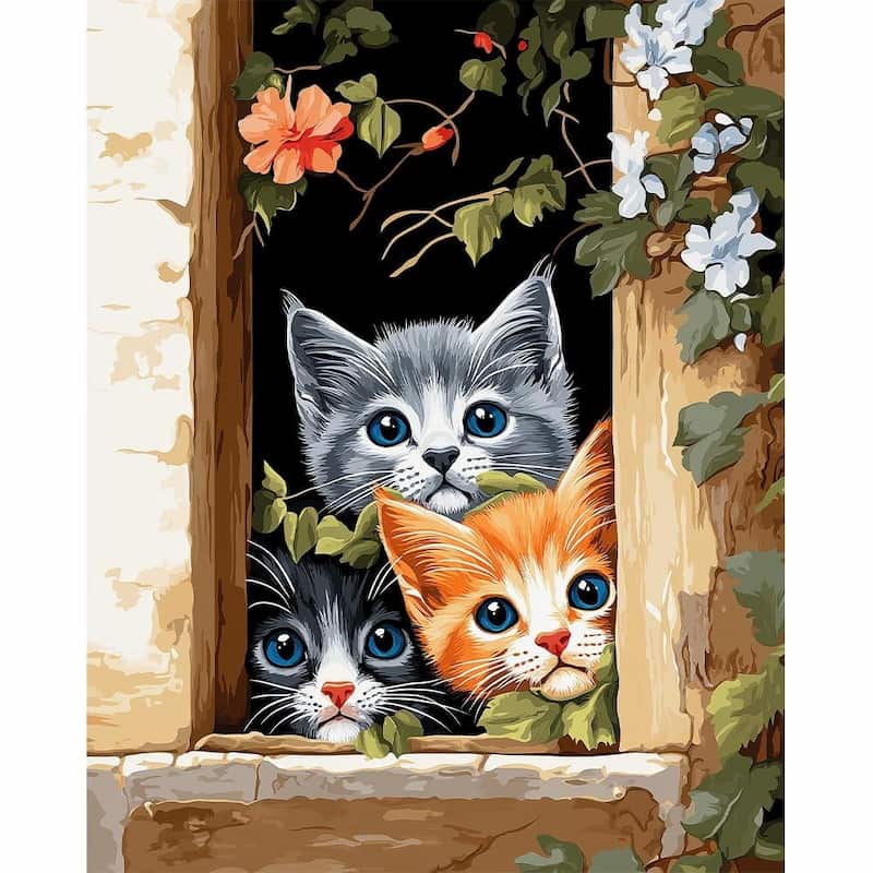 Three curious kittens peeking from a rustic window with vines and flowers.