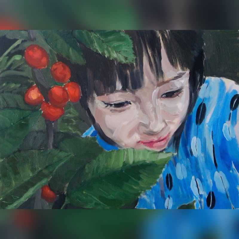 Paint By Numbers artwork of a young girl in a blue dress peering through green leaves and red berries, captured with soft brushstrokes and natural emotion.