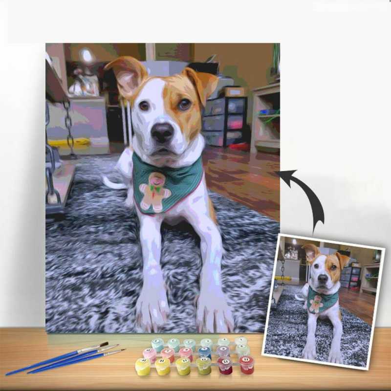 Custom Pet Paint By Numbers portrait of a dog in a green bandana, shown with matching photo and paint set