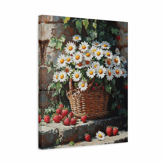 Canvas print of a painting featuring a basket of daisies and strawberries against a stone wall.