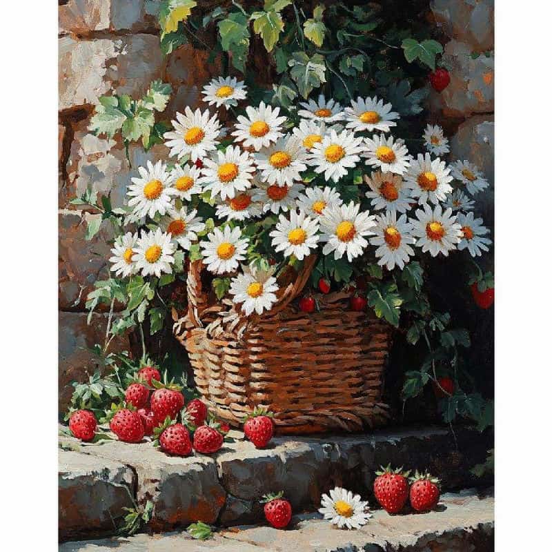 Basket of white flowers with red berries on a stone surface