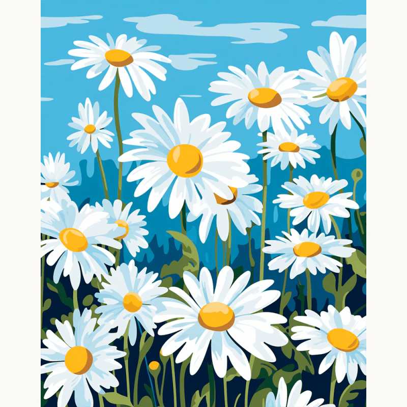 Daisy Whispers Paint By Numbers painting showing a cheerful field of white daisies with golden centers under a serene blue sky, perfect for floral art lovers.