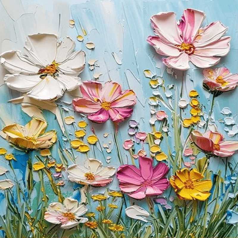 Dancing Daisies 3D Flowers Paint By Numbers painting featuring sculpted pink, yellow, and white daisy-like flowers in a vibrant spring field against a light blue textured background