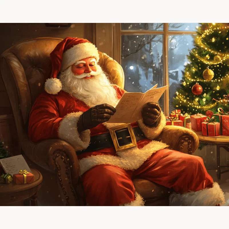 Dear Santa Paint By Numbers Kit featuring Santa Claus reading a letter by a glowing Christmas tree in a cozy, snow-filled holiday setting