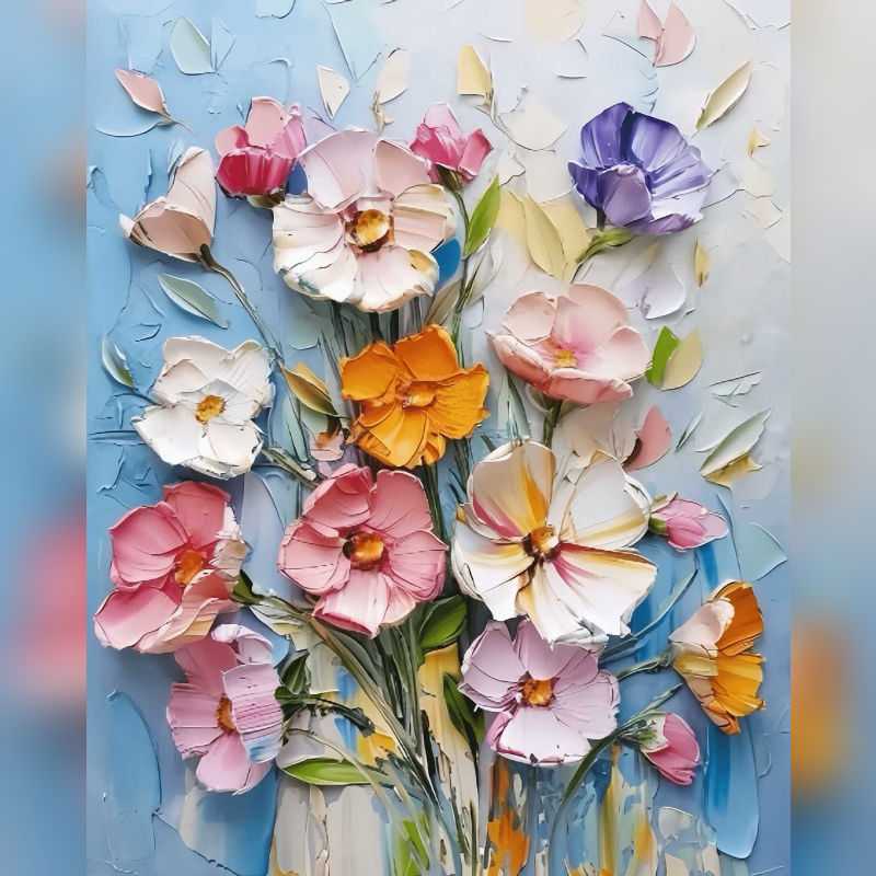 Delicate Petals 3D Flowers Paint By Numbers painting showcasing sculpted pastel flowers in pink, orange, ivory, purple, and yellow tones on a soft blue background.
