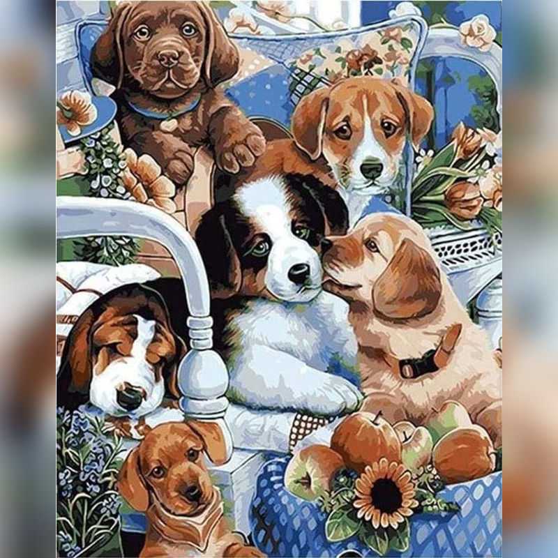 Paint by numbers artwork of six adorable puppies sitting together among flowers and cushions, with vibrant colors and detailed shading.