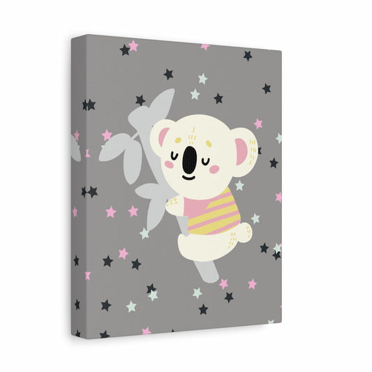 Cute cartoon koala hugging a tree branch with pastel stars on a gray background in a kids’ paint by numbers design shown in a frame