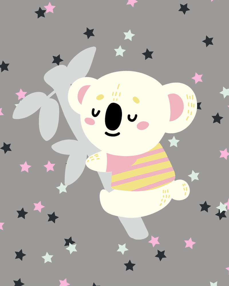 Cute cartoon koala hugging a tree branch with pastel stars on a gray background in a kids’ paint by numbers design.