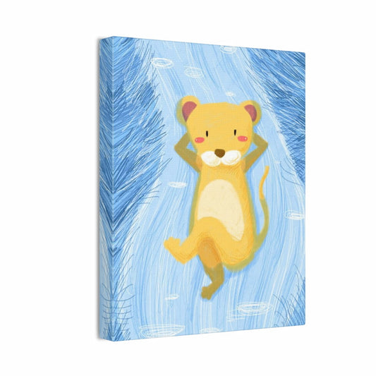 Cute lion cub floating on water in a kids’ paint by numbers design shown in a frame