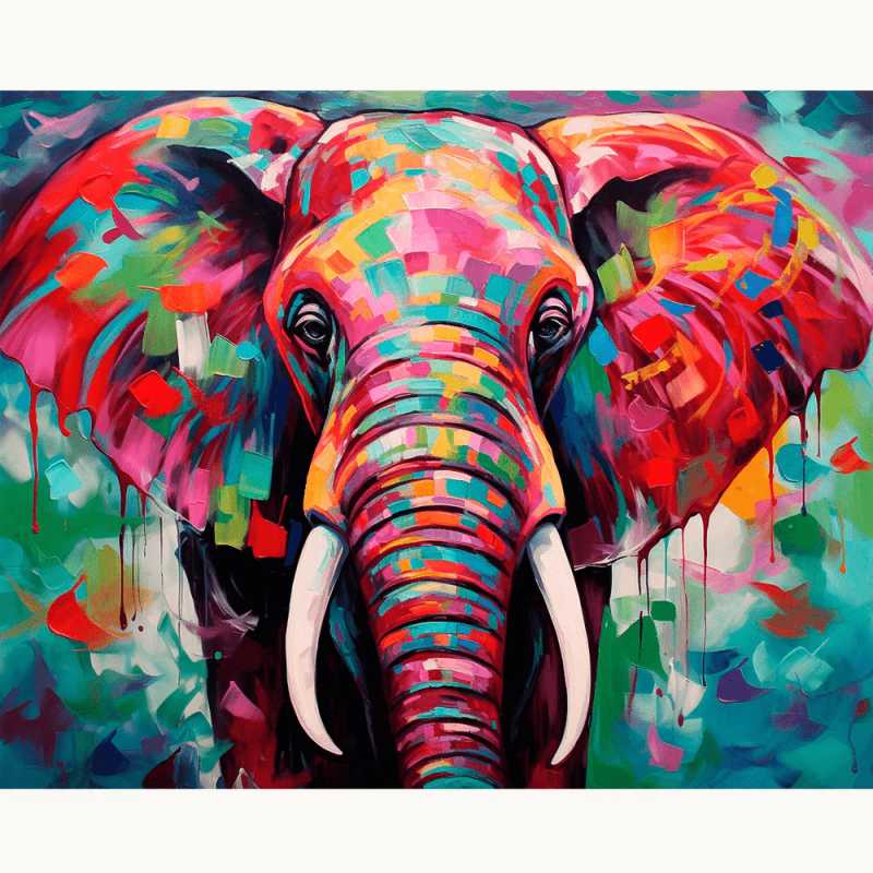 Echoes of Majesty Paint By Numbers featuring a colorful, abstract elephant with vibrant reds, blues, and greens painted in a bold, artistic style.
