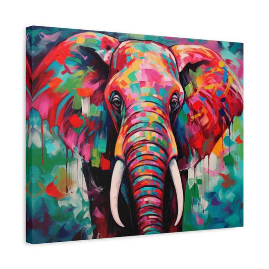 Echoes of Majesty Paint By Numbers featuring a colorful, abstract elephant with vibrant reds, blues, and greens painted in a bold, artistic style shown in a frame.