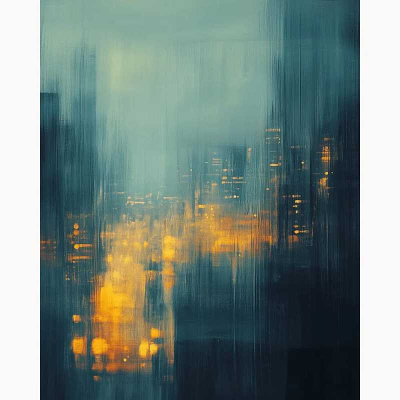 Modern abstract paint by numbers canvas featuring blurred blue and teal brushstrokes with glowing amber city lights, evoking a rainy evening skyline.