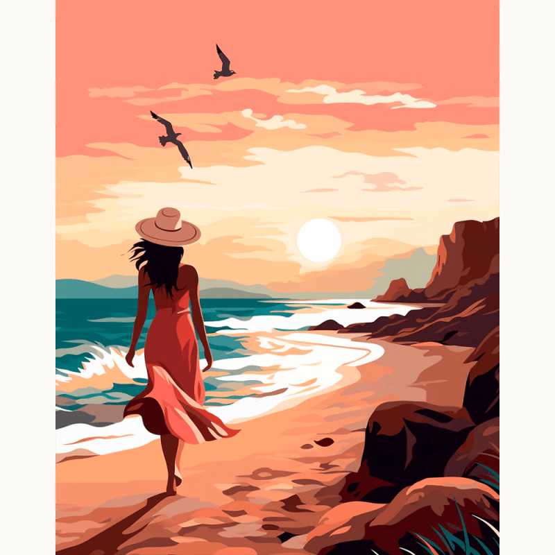 Evening Stroll Paint By Numbers showing a woman in a flowing dress walking along a sunset beach, with ocean waves, cliffs, and birds in a tranquil coastal scene.