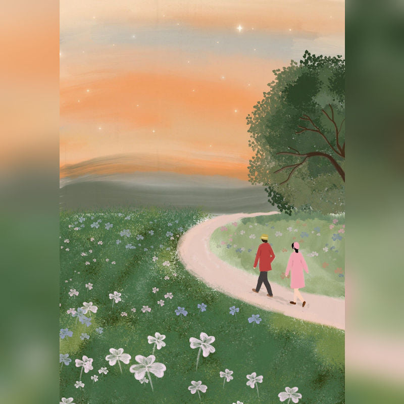 Paint By Numbers artwork of a couple walking on a flower-lined path at sunset, surrounded by stars, soft clouds, and clover fields, romantic and peaceful.