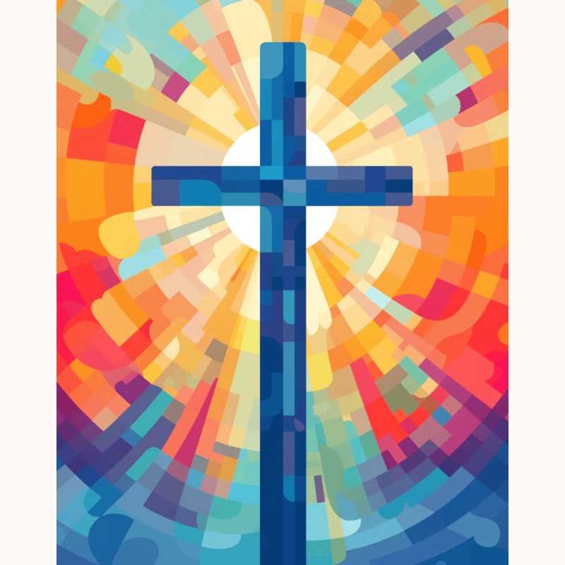 Faith Paint By Numbers painting showing a vibrant blue cross surrounded by a radiant sunburst of abstract colors symbolizing spiritual hope and light.