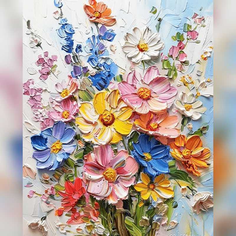 Festival of Blooms Paint By Numbers kit featuring vibrant pink, yellow, blue, orange, red, and white 3D textured flowers in a dynamic, festive bouquet against a light pastel background, perfect for Canadian artists.