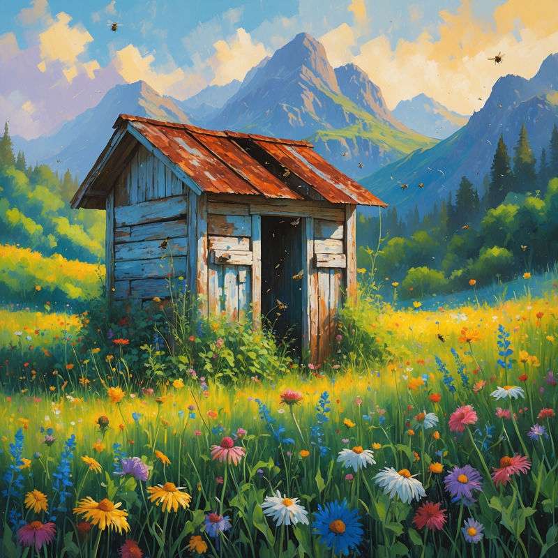 Rustic Paint By Numbers landscape of a wooden shed in a field of wildflowers, with distant mountains and golden light completing the countryside scene - Field & Timber Paint By Numbers