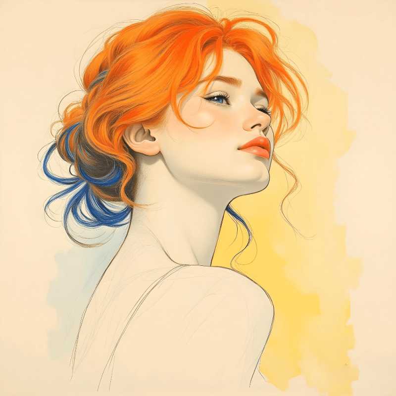Minimalistic portrait of a woman with vivid orange and blue hair, looking upward with elegance, featured in a bold and serene Paint By Numbers for Canadian artists.
