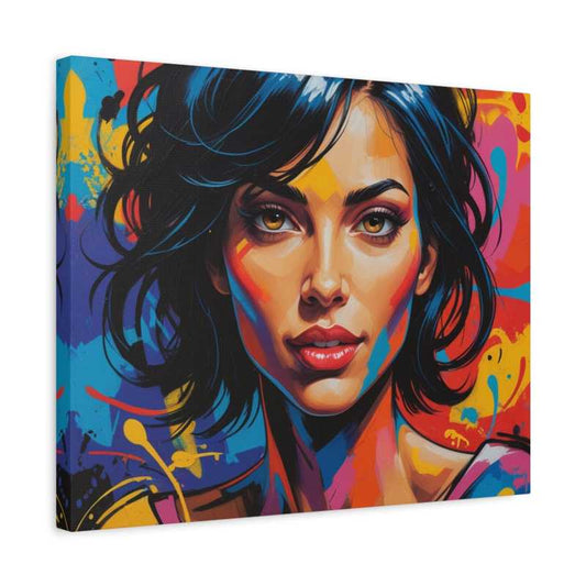 Paint By Numbers portrait of a woman with expressive eyes, bold facial structure, and vivid abstract paint strokes in fiery red, orange, and blue tones in a frame