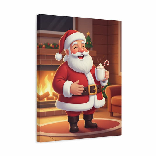 Cartoon Santa Claus holding a mug of hot chocolate with a candy cane in a cozy living room.