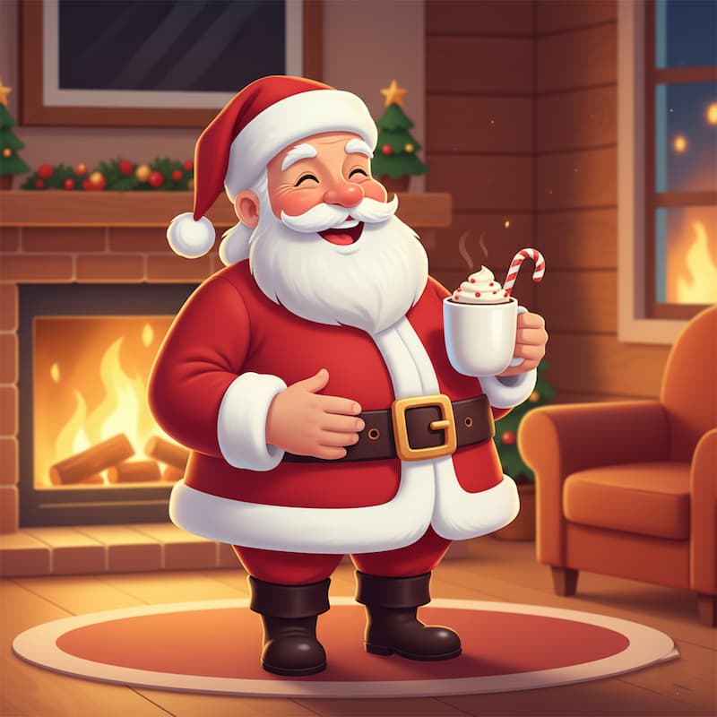 Illustration of Santa Claus holding a hot chocolate mug in a cozy room with a fireplace and Christmas tree.