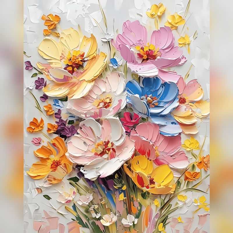 Floral Reverie Paint By Numbers kit featuring soft pink, white, yellow, orange, blue, and purple textured flowers blooming in a dreamy pastel bouquet, perfect for Canadian artists.