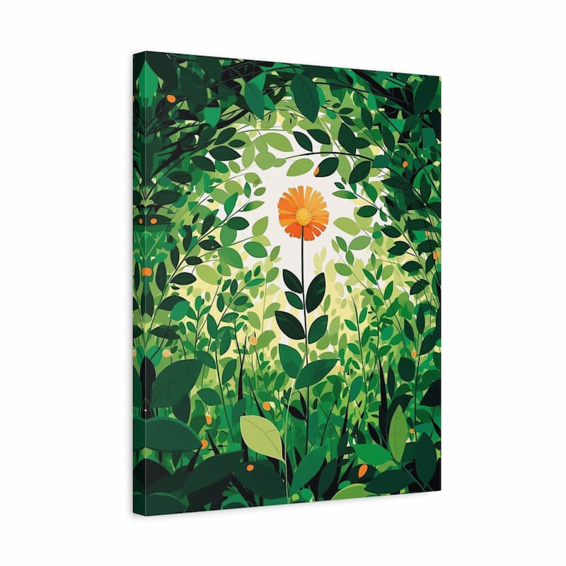 Canvas print with a vibrant green leafy design and a central orange flower on a white background