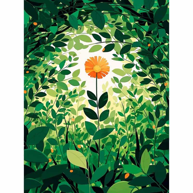 Illustration of a bright orange flower surrounded by green leaves on a white background