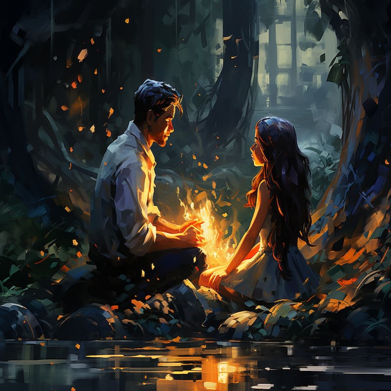 Paint by numbers artwork of a romantic couple sitting in a dark forest, their faces glowing with light from a small flame surrounded by falling embers and reflections in water