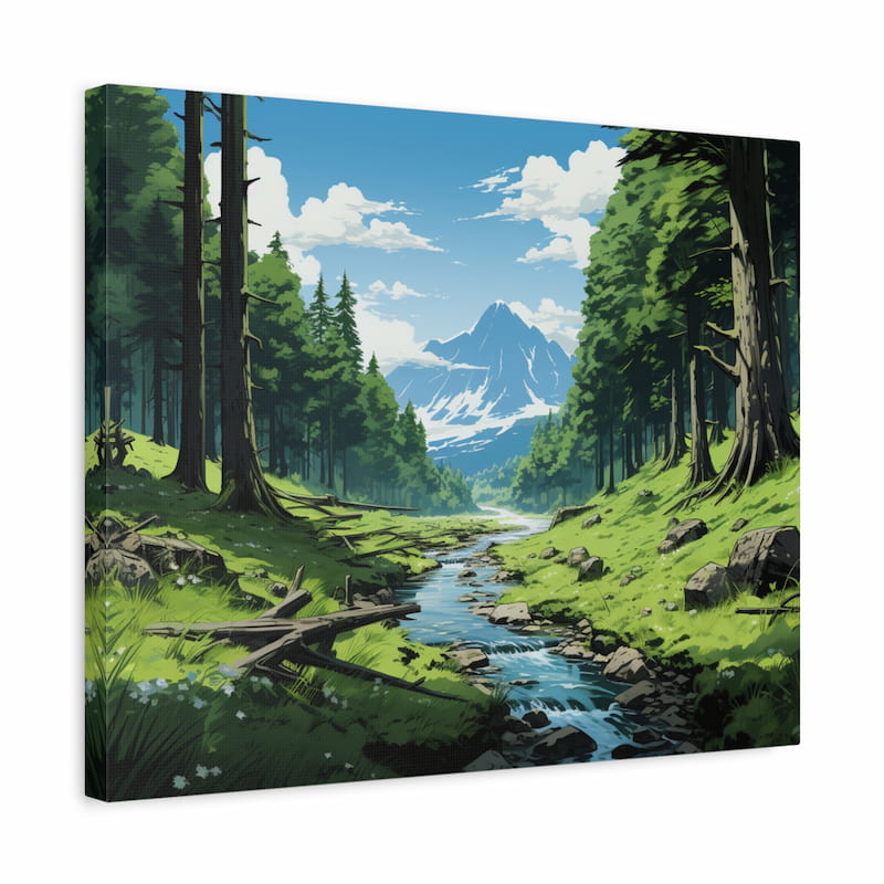 Paint by numbers artwork of a forest stream flowing through a green valley with tall pine trees and a snow-capped mountain in the background shown in a frame