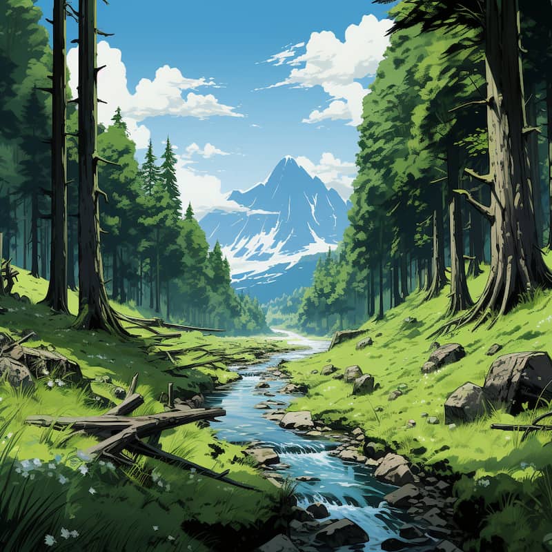 Paint by numbers artwork of a forest stream flowing through a green valley with tall pine trees and a snow-capped mountain in the background