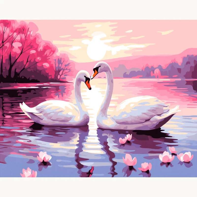 Forever Together Paint By Numbers Kit showing two elegant swans forming a heart shape on a peaceful pink lake at sunset with blooming flowers