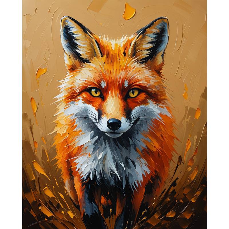 Paint By Numbers portrait of a vivid red fox with sharp yellow eyes, textured fur, and warm brushstroke layers set against a bold earthy background.