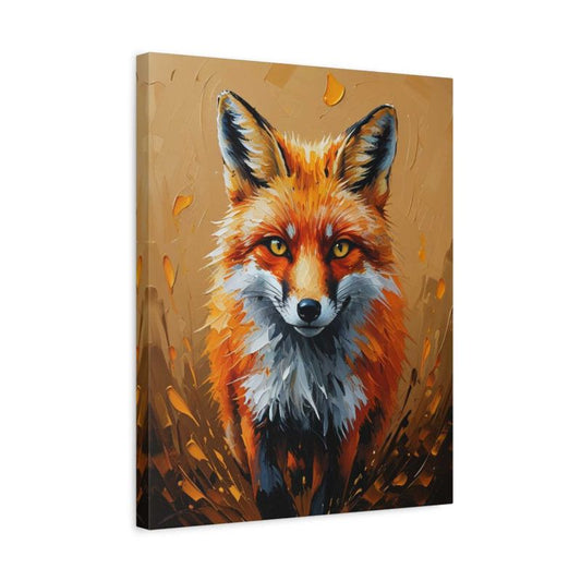Paint By Numbers portrait of a vivid red fox with sharp yellow eyes, textured fur, and warm brushstroke layers set against a bold earthy background in a frame.
