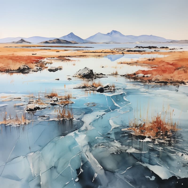 Paint by numbers artwork of a frozen lake with cracked ice, reeds, and distant mountains under a clear winter sky