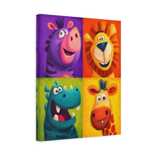 Stretched canvas print of a colorful kids paint by numbers kit featuring a cartoon zebra, lion, dinosaur, and giraffe in a fun pop-art style