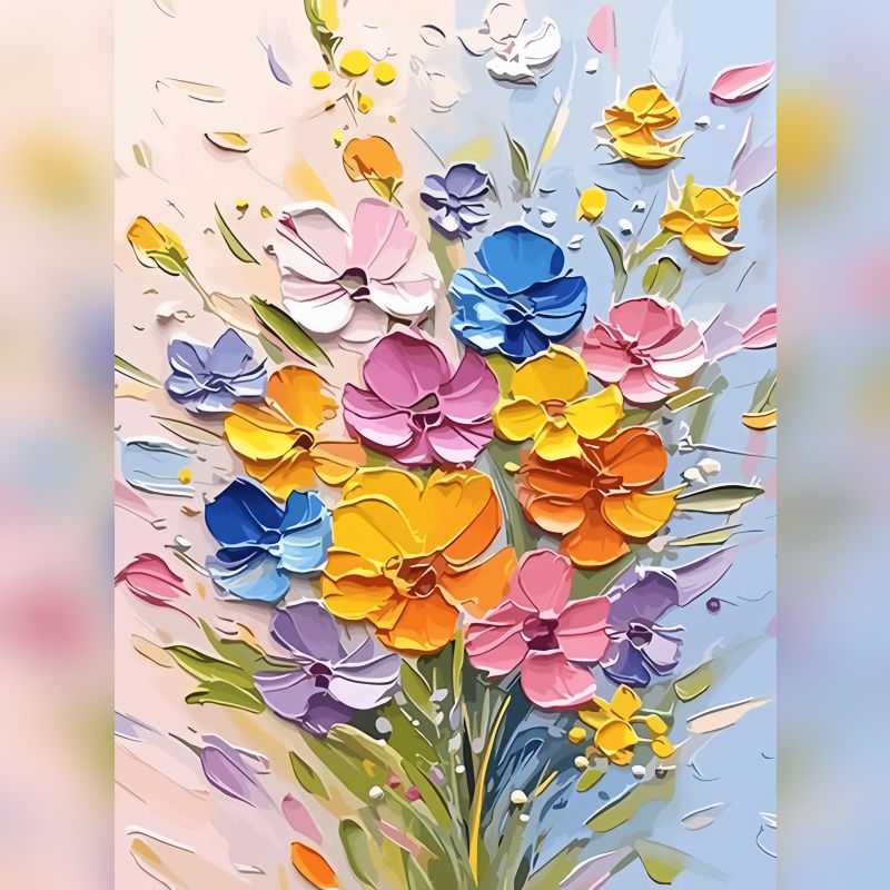Garden Melody Paint By Numbers kit featuring vibrant yellow, pink, blue, purple, and orange textured flowers blooming against a soft pastel background, perfect for Canadian artists.