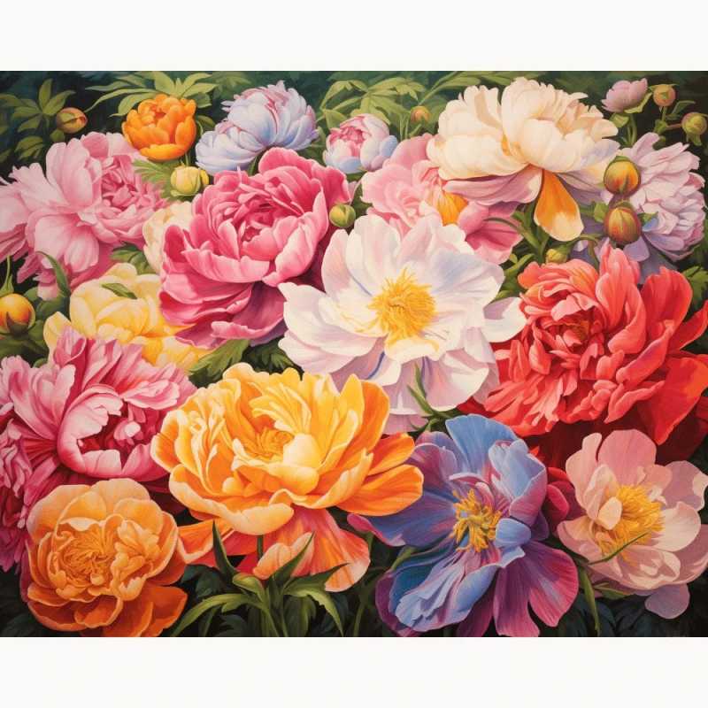 Highly detailed paint by numbers canvas featuring a lush garden of blooming peonies in vibrant shades of pink, yellow, red, lavender, and white with rich green foliage in the background.