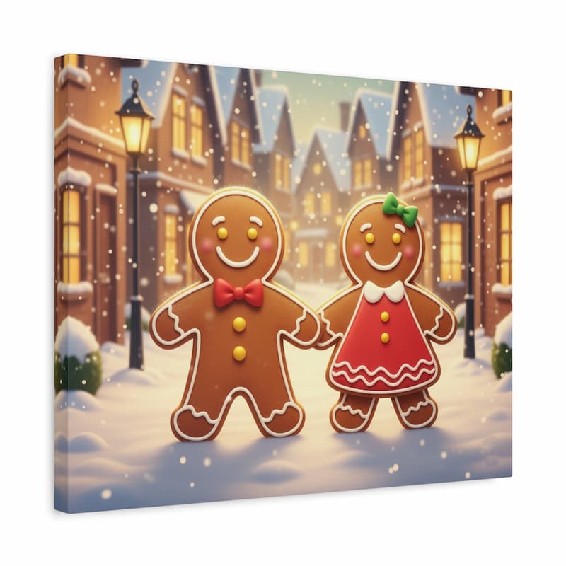 Two gingerbread people holding hands in a snowy village scene