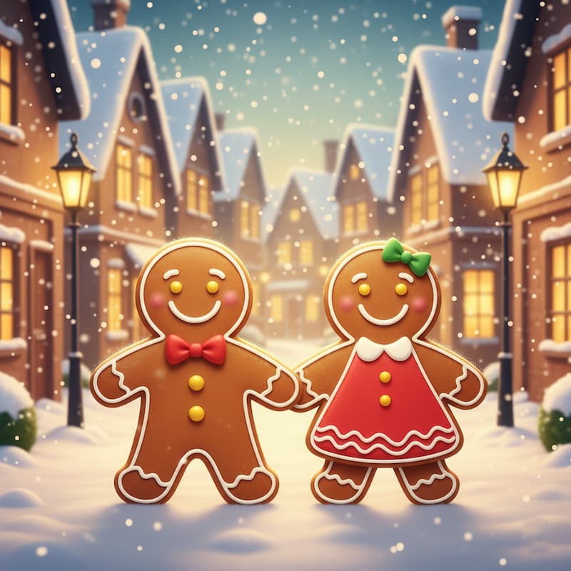 Two gingerbread cookies holding hands in a snowy village scene with lit street lamps.