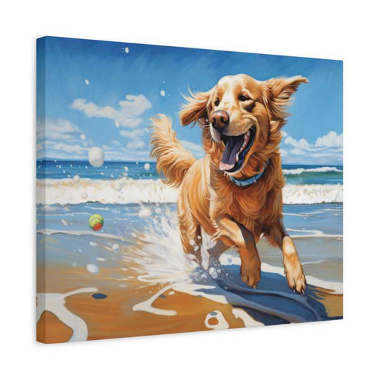 Golden Retriever running joyfully on a sunny beach with a tennis ball, featured in a paint by numbers canvas kit shown in a frame