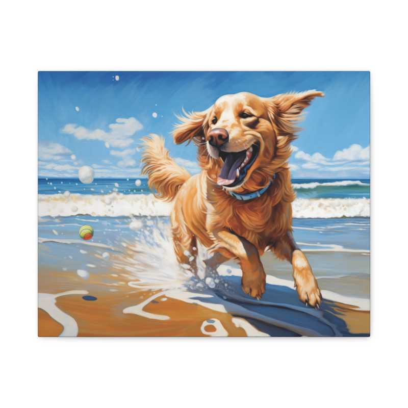 Golden Retriever running joyfully on a sunny beach with a tennis ball, featured in a paint by numbers canvas kit