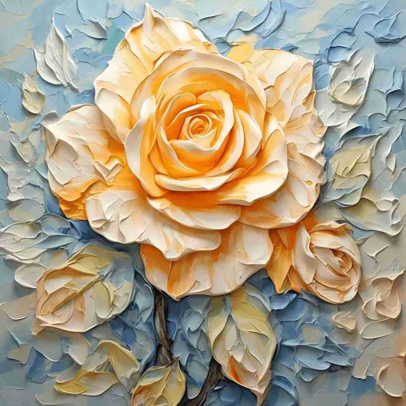 Golden Bloom 3D Flowers Paint By Numbers painting showcasing a beautifully textured golden-yellow rose surrounded by sculpted petals and pastel leaves, perfect for Canadian art lovers.