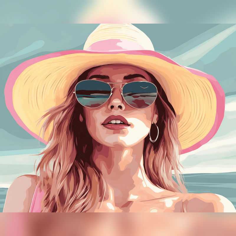Golden Breeze Paint By Numbers showing a fashionable woman in a sunhat and aviator sunglasses at the beach with ocean waves and soft blue skies